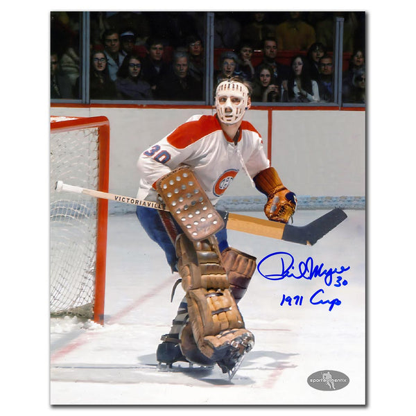Phil Myre autographed Montreal Canadiens 8x10 hockey photo in white jersey during game action with 1971 Cup inscription