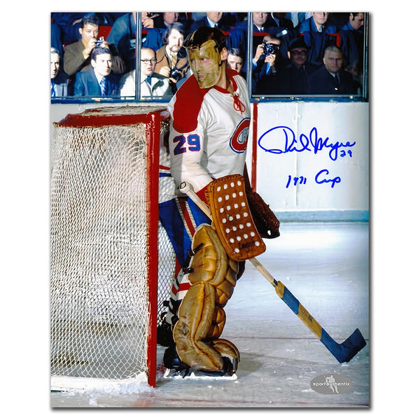 Phil Myre autographed Montreal Canadiens 8x10 photo in white jersey playing goalie in net with 1971 Cup inscription