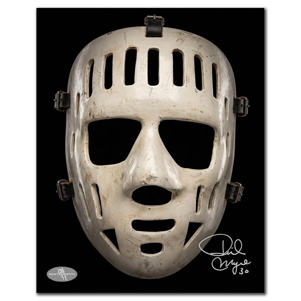 Phil Myre autographed Montreal Canadiens 8x10 hockey photo featuring a vintage goalie mask close-up
