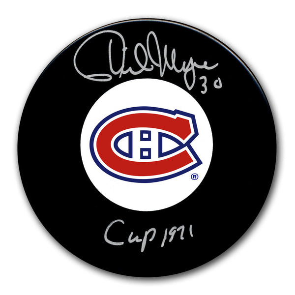 Phil Myre autographed Montreal Canadiens hockey puck with 1971 Cup inscription