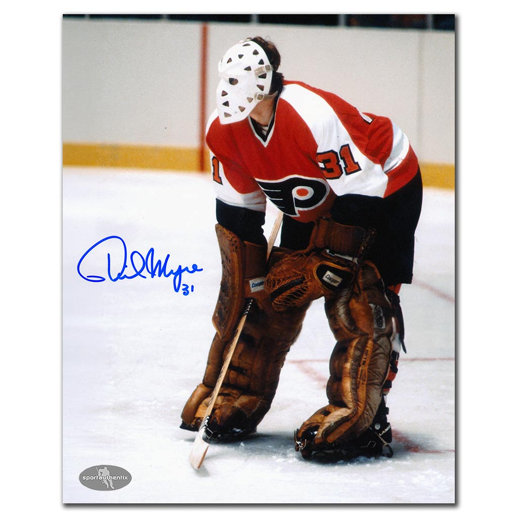 Phil Myre autographed Philadelphia Flyers 8x10 hockey photo in Flyers jersey during game action