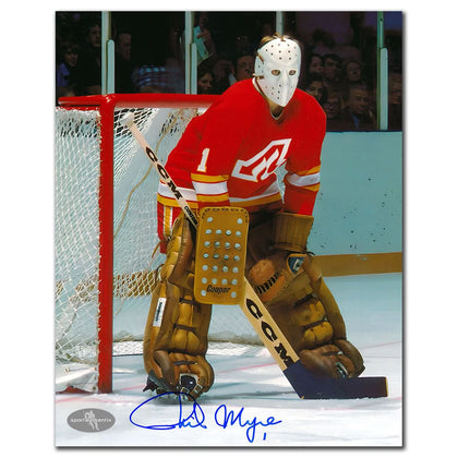 Phil Myre Atlanta Flames signed 8x10 photo featuring his blue autograph, accompanied by a certificate of authenticity.