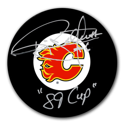 Ric Nattress Calgary Flames 1989 Cup collectible puck, hand signed in silver with 89 Cup inscription, autographed memorabilia.