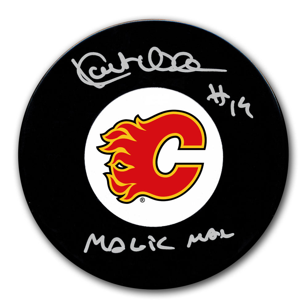 Kent Nilsson autographed Calgary Flames hockey puck with Magic Man inscription