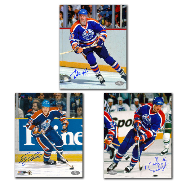 Jari Kurri Esa Tikkanen and Mike Krushelnyski autographed Edmonton Oilers 8x10 photo bundle