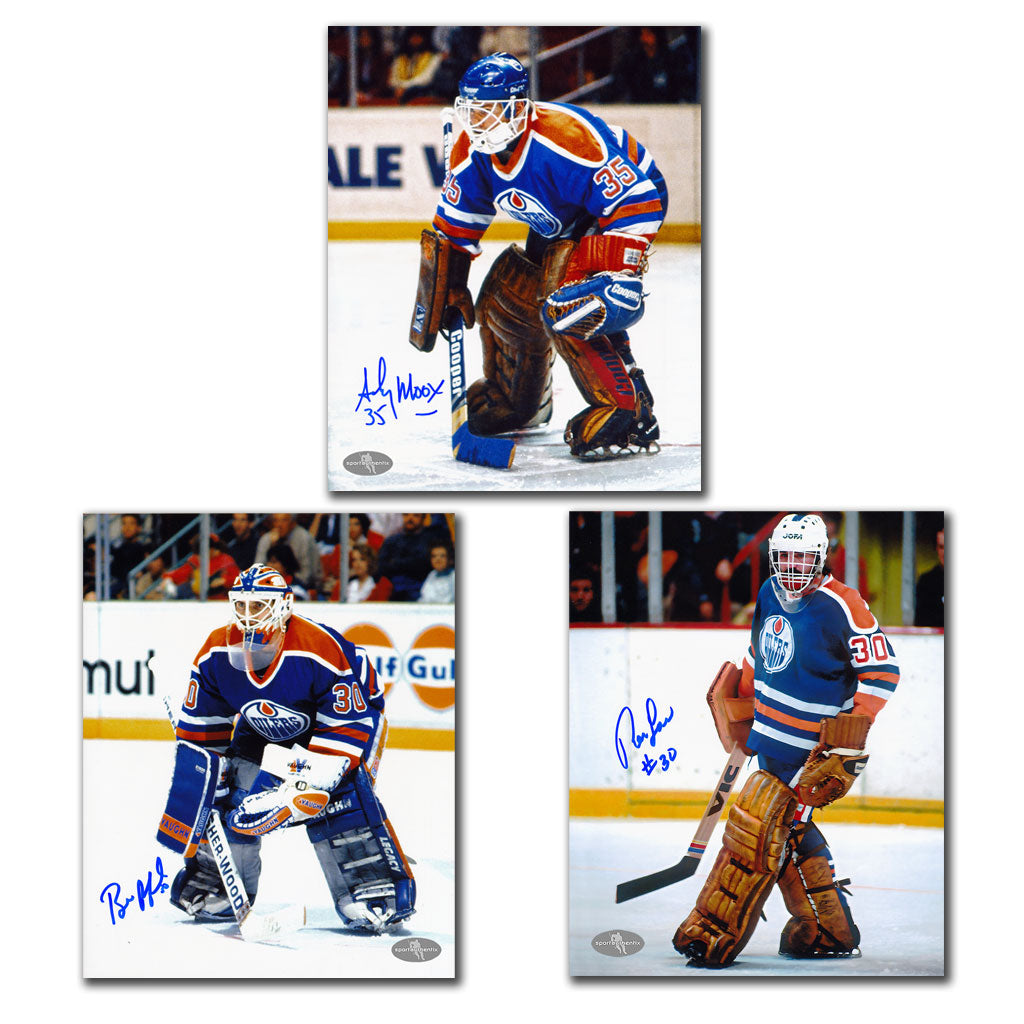 Andy Moog, Ron Low & Bill Ranford autographed Edmonton Oilers 8x10 photo bundle