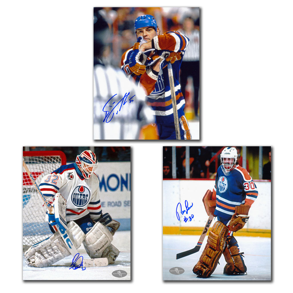 Esa Tikkanen, Ron Tugnutt and Ron Low autographed Edmonton Oilers 8x10 photo bundle