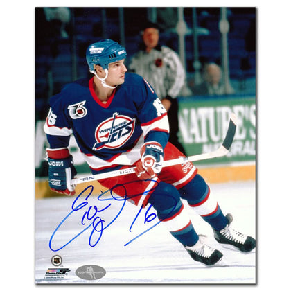 Ed Olczyk Winnipeg Jets autographed 8x10 photo, signed in blue ink on the image as he skates in full team uniform on the ice.