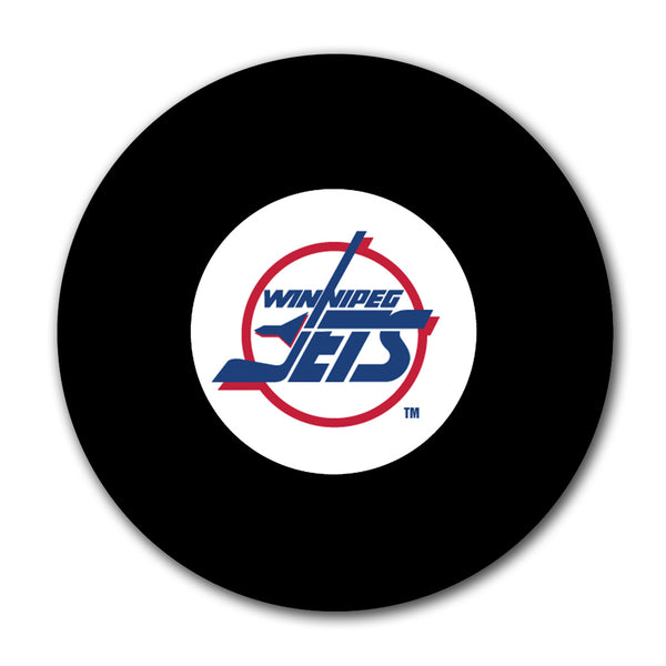 Black Winnipeg Jets hockey puck with the classic team logo centred on a white background