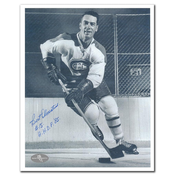 Bert Olmstead autographed Montreal Canadiens 8x10 photo with HOF 1985 inscription
