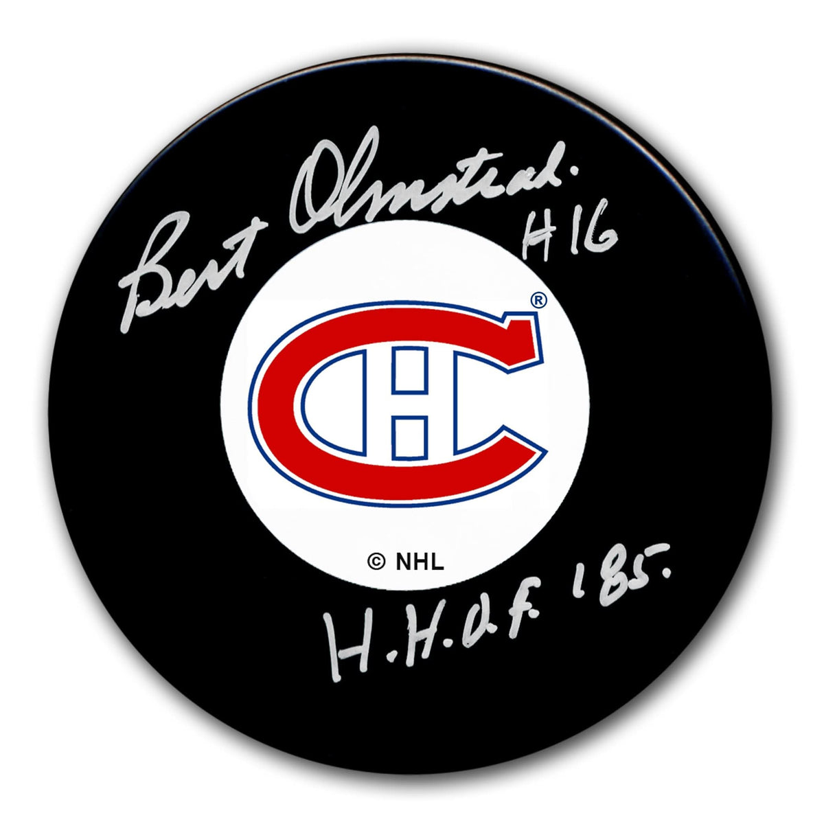 Authentic Bert Olmstead Montreal Canadiens HOF Original 6 Autographed Puck - SportAuthentix