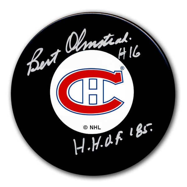 Authentic Bert Olmstead Montreal Canadiens HOF Original 6 Autographed Puck - SportAuthentix