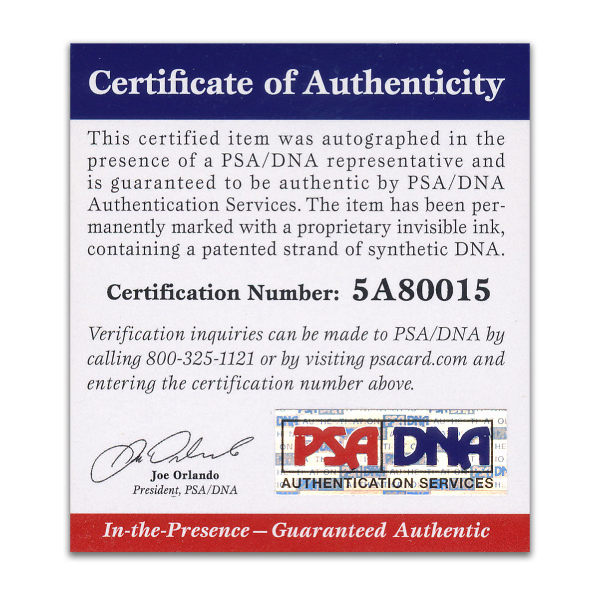 Certificate of Authenticity with PSA/DNA branding on a white background