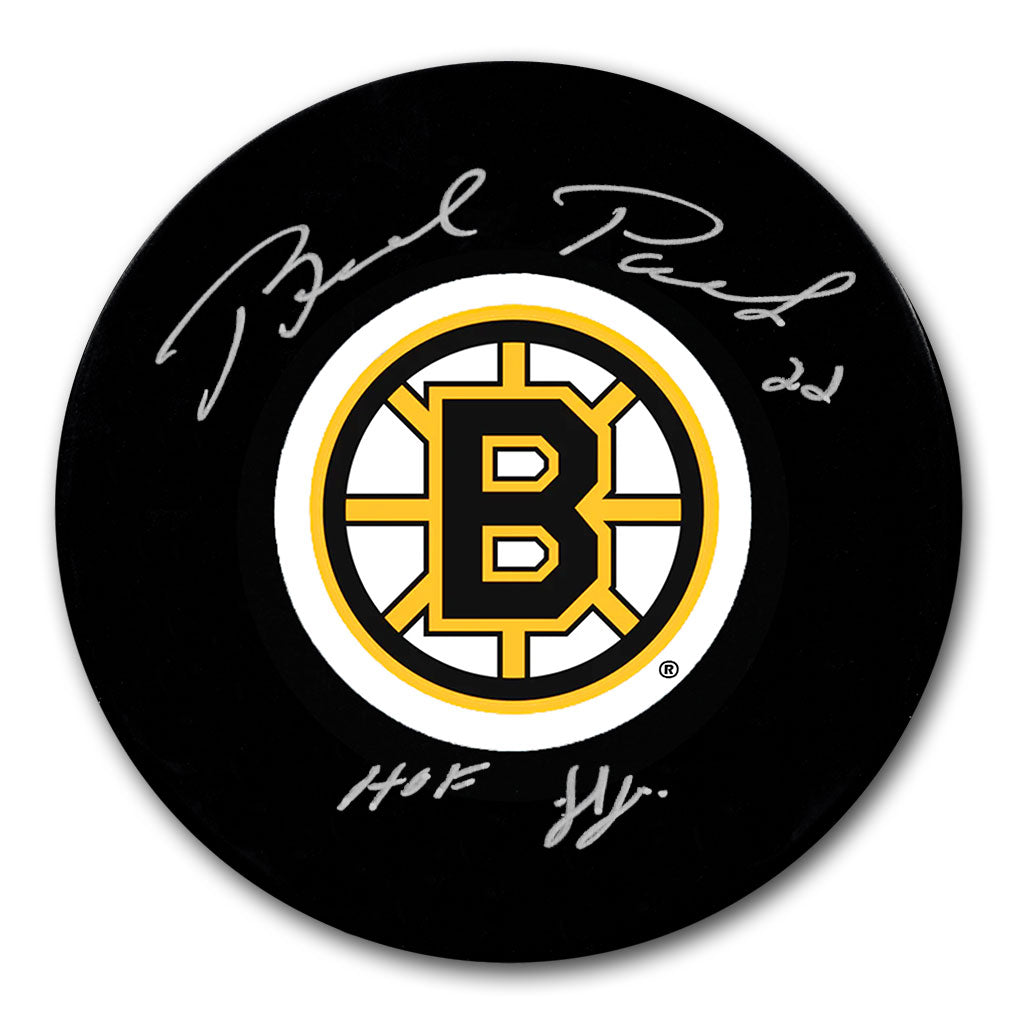 Brad Park autographed Boston Bruins hockey puck with HOF 1988 inscription