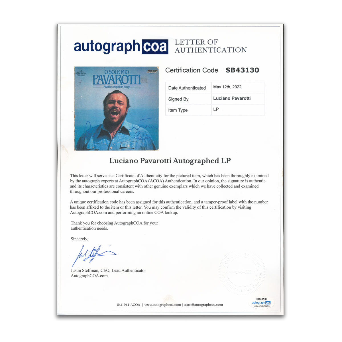 Luciano Pavarotti Signed O SOLE MIO Autographed Vinyl Album LP ACOA COA