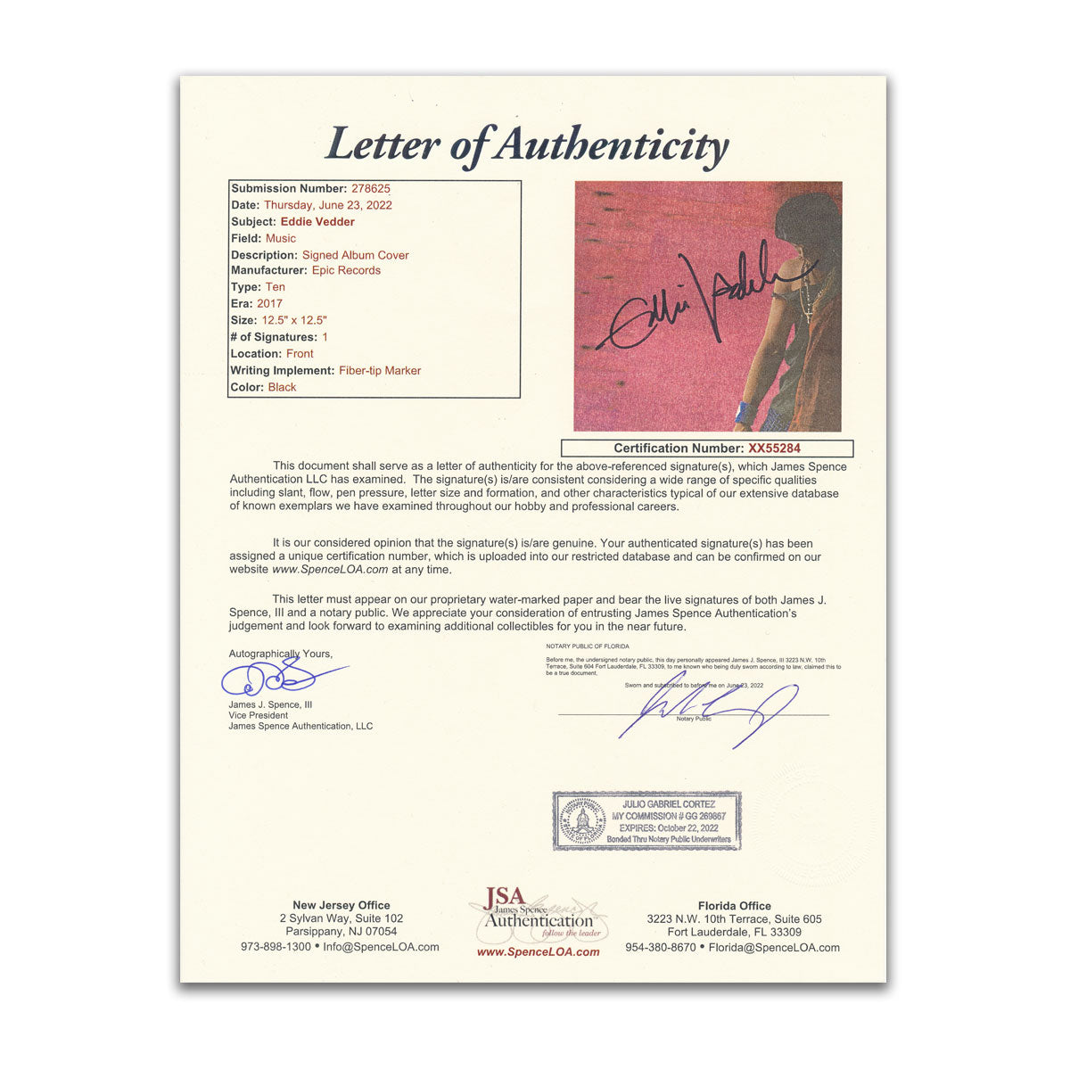 Eddie Vedder a signé Pearl Jam TEN Album vinyle autographié LP JSA COA