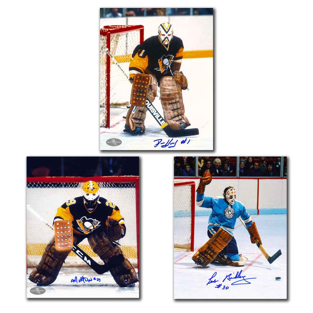 Denis Herron, Michel Dion and Les Binkley autographed Pittsburgh Penguins 8x10 photo bundle
