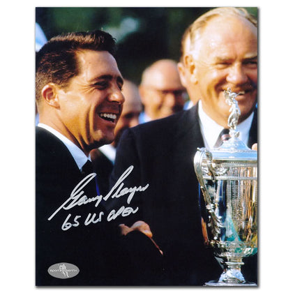 Autographed 8x10 photo showing two men smiling with a trophy; prized Gary Player 1965 US Open Golf Championship collectible.