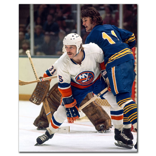Denis Potvin New York Islanders 8x10 hockey photo in a white uniform battling for position in front of the net for autograph pre-order