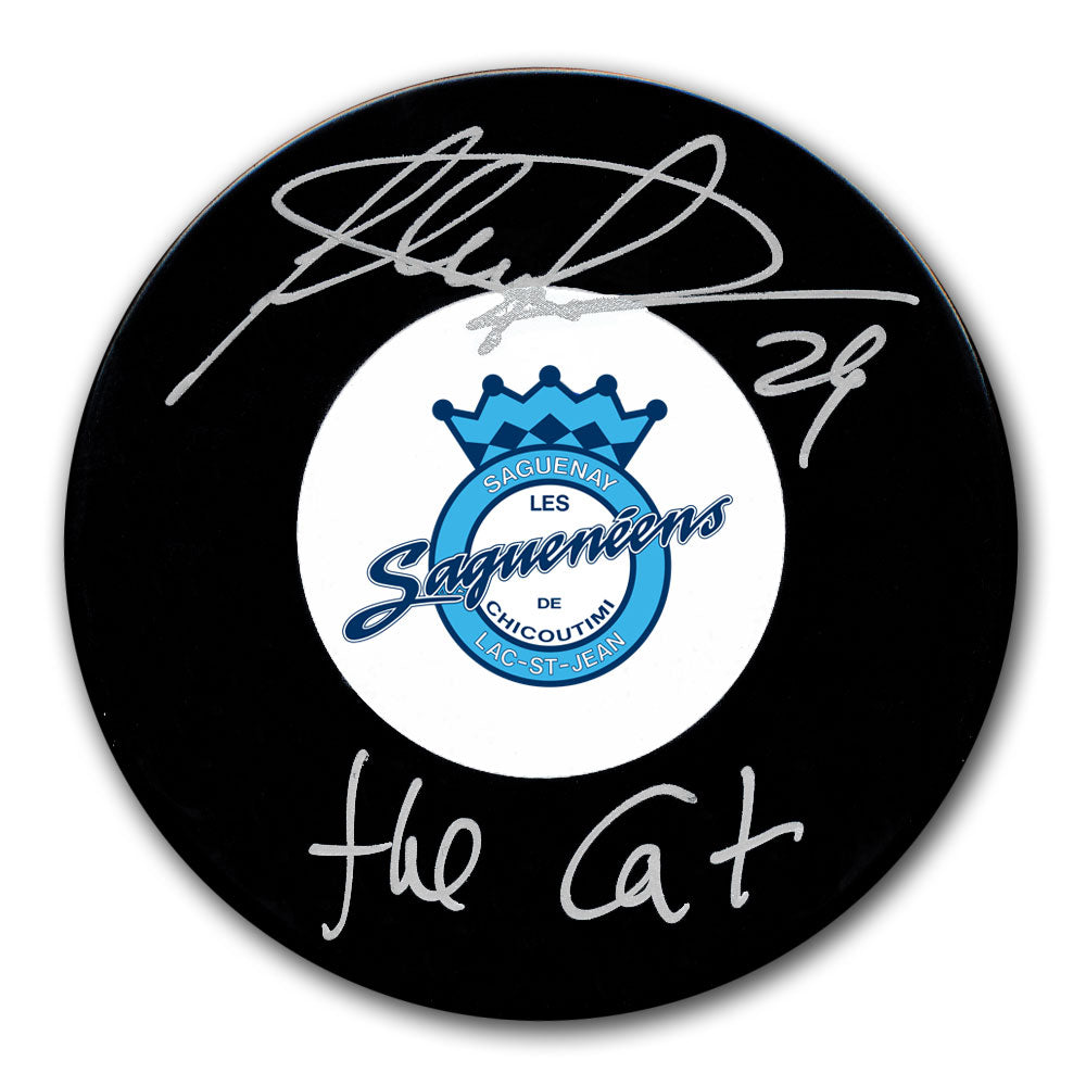 Felix Potvin autographed Chicoutimi Sagueneens hockey puck with The Cat inscription