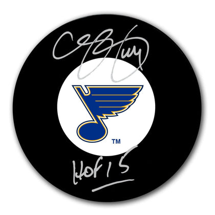 Chris Pronger St. Louis Blues HOF signed hockey puck, features silver autograph and team logo on the classic round black puck format.