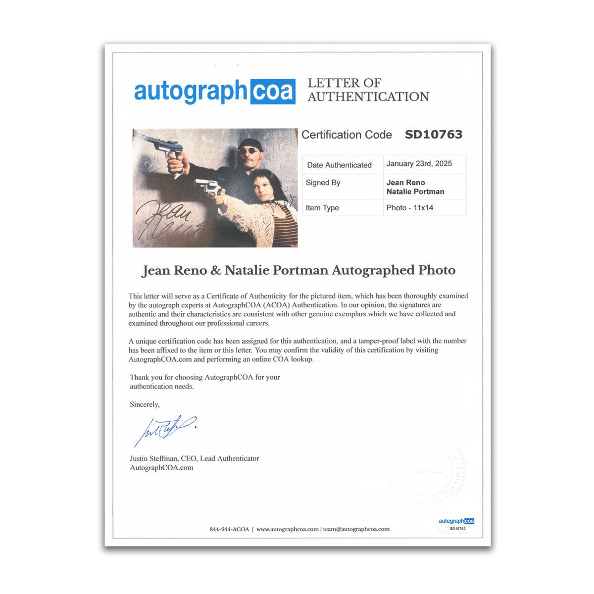 AutographCOA letter of authentication for Jean Reno and Natalie Portman signed The Professional 11x14 photo, certification SD10763
