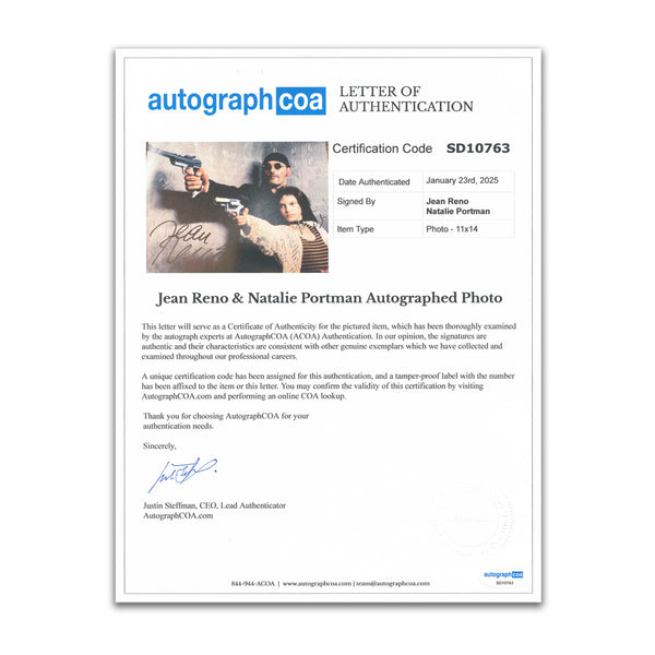 AutographCOA letter of authentication for Jean Reno and Natalie Portman signed The Professional 11x14 photo, certification SD10763