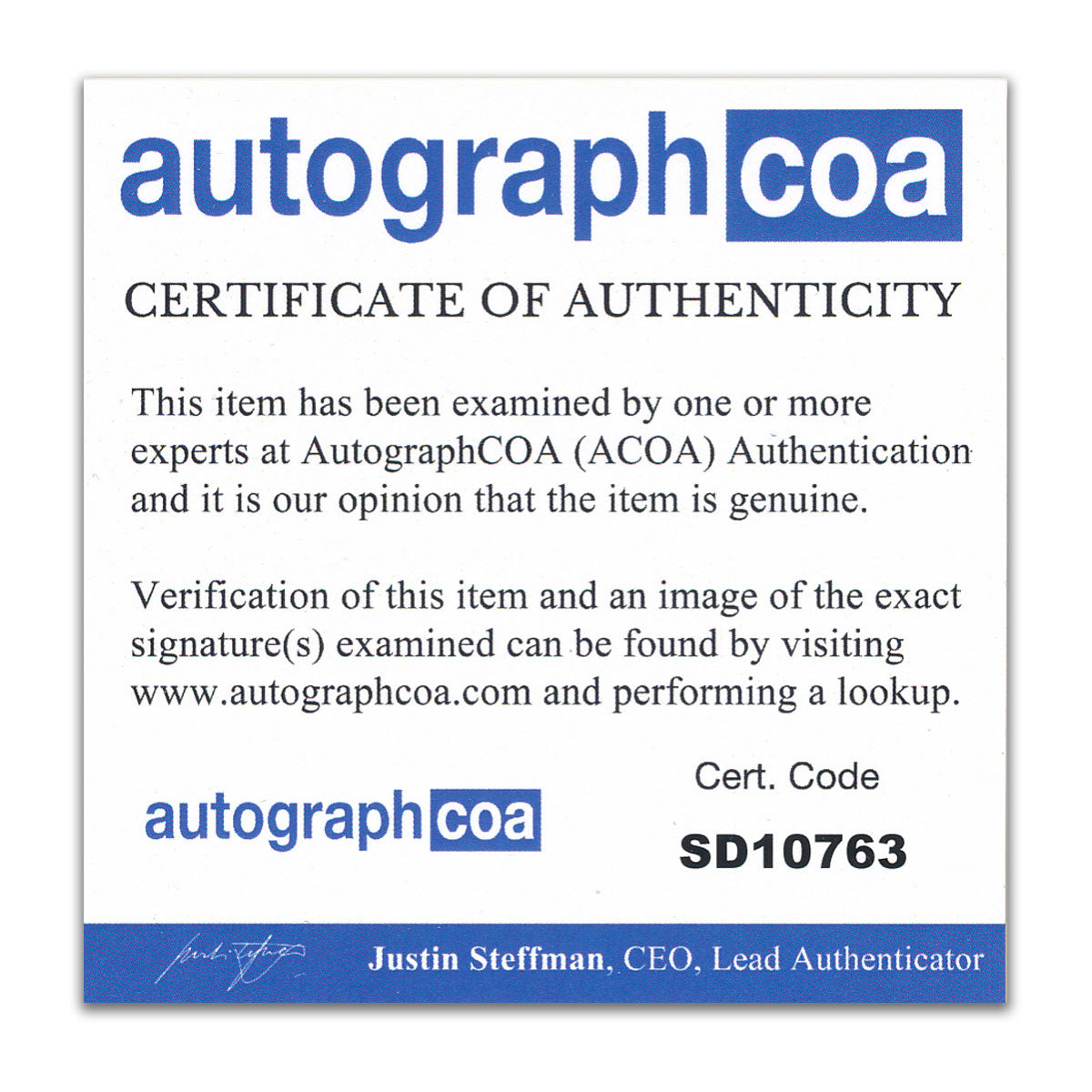 AutographCOA certificate card for Jean Reno and Natalie Portman signed photo, certification SD10763