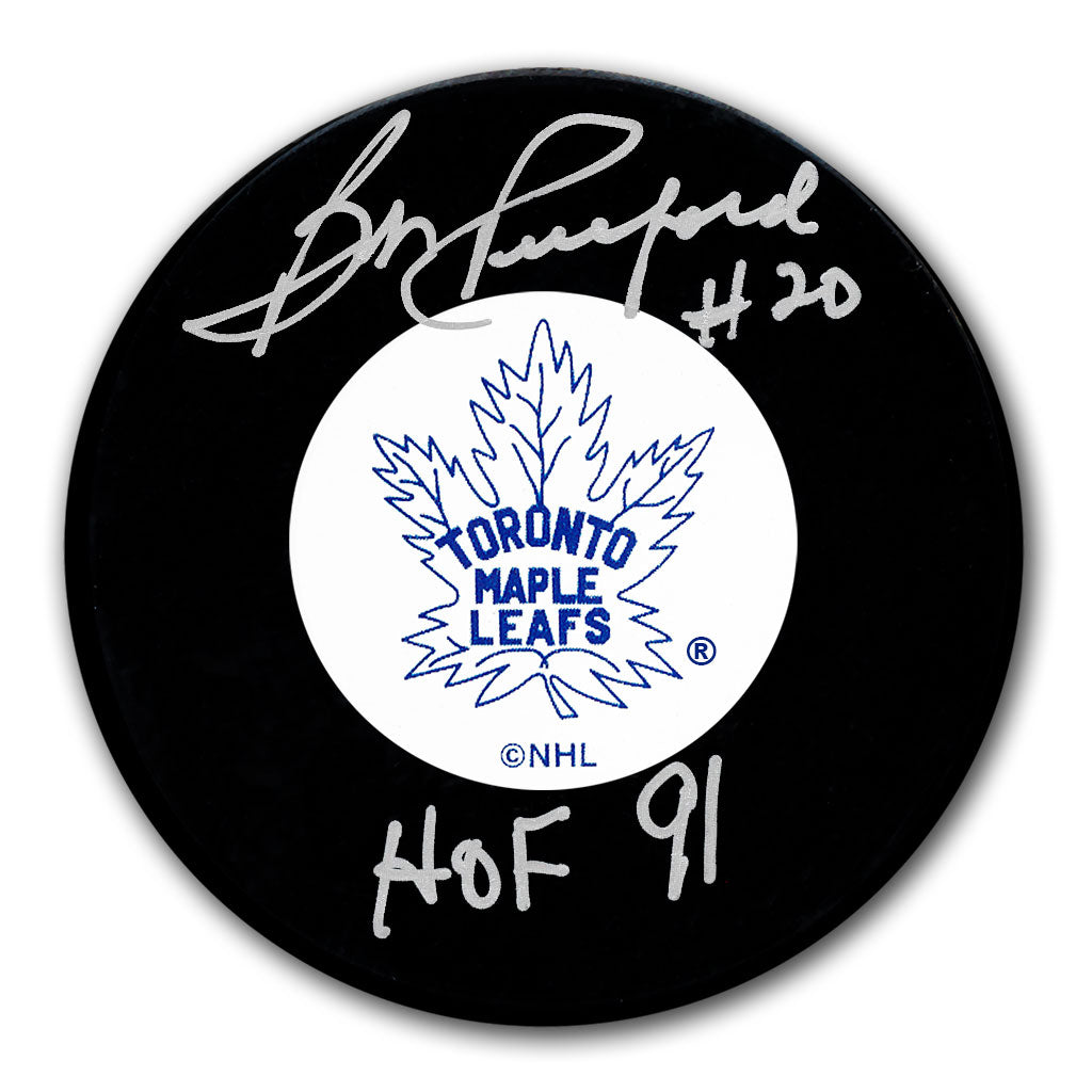 Bob Pulford autographed Toronto Maple Leafs hockey puck with HOF 91 inscription