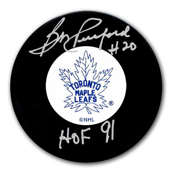Bob Pulford autographed Toronto Maple Leafs hockey puck with HOF 91 inscription