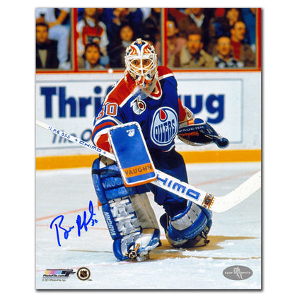 Bill Ranford Edmonton Oilers signed 8x10 action photo, autographed across the front—a standout collectible for hockey fans.