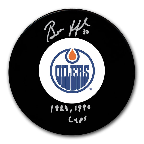 Bill Ranford autographed Edmonton Oilers hockey puck with 1988 and 1990 Cups inscription