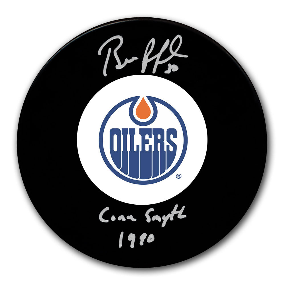 Bill Ranford autographed Edmonton Oilers hockey puck with 1990 Conn Smythe inscription