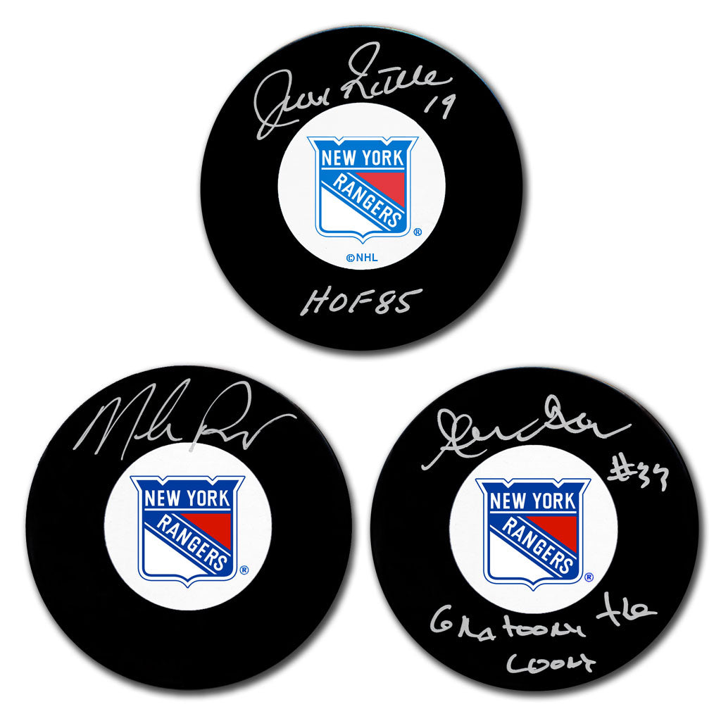 Jean Ratelle, Mike Richter & Gilles Gratton Autographed New York Rangers Hockey Puck Bundle