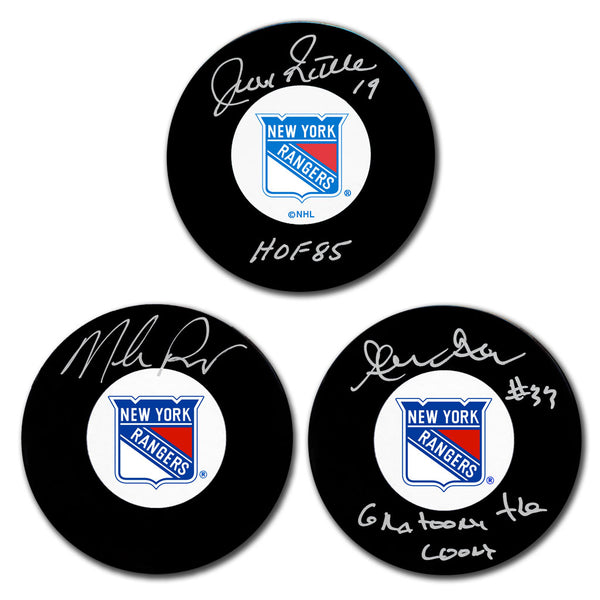 Jean Ratelle, Mike Richter & Gilles Gratton autographed New York Rangers hockey puck bundle