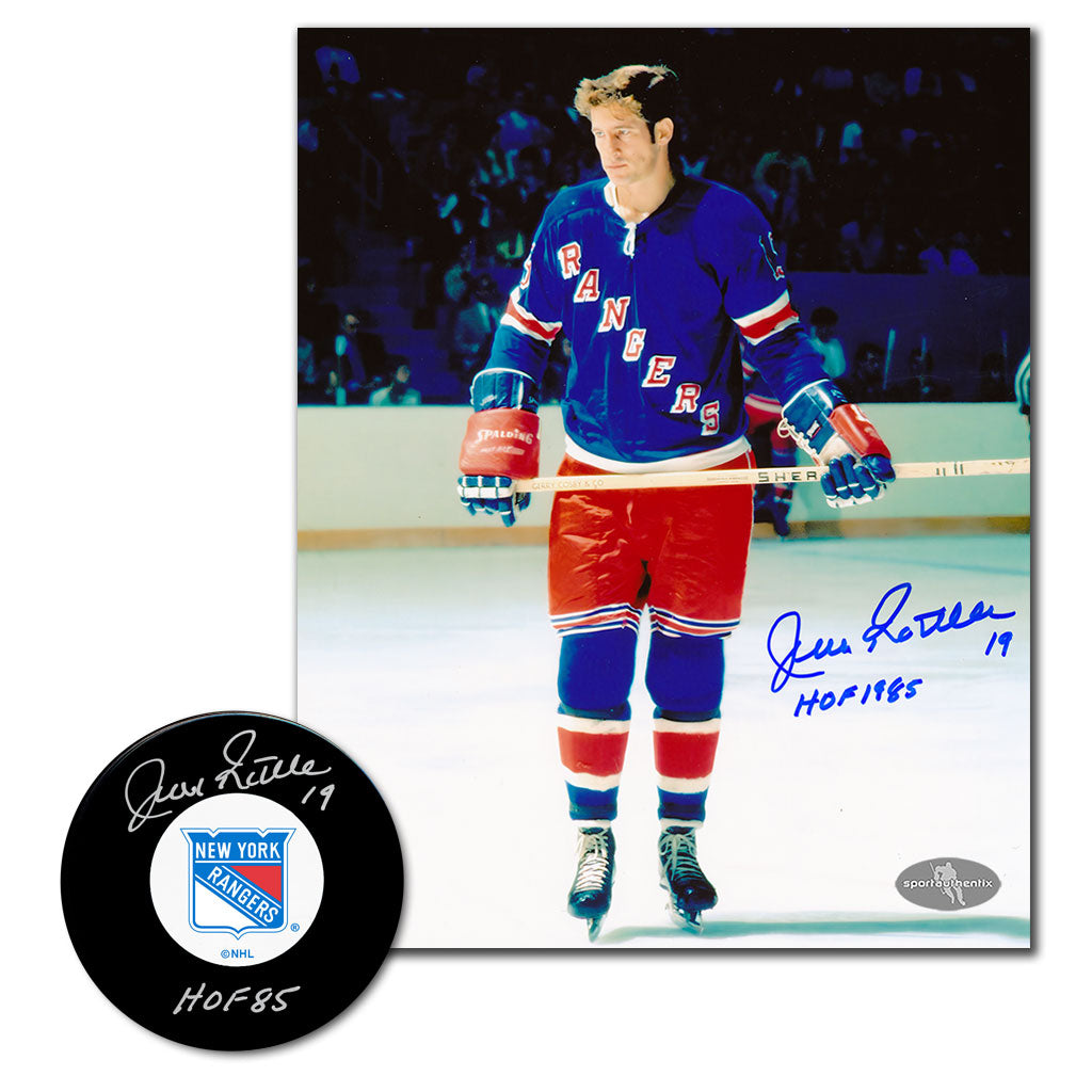 Jean Ratelle autographed New York Rangers hockey puck and 8x10 photo combo with HOF 85 inscription