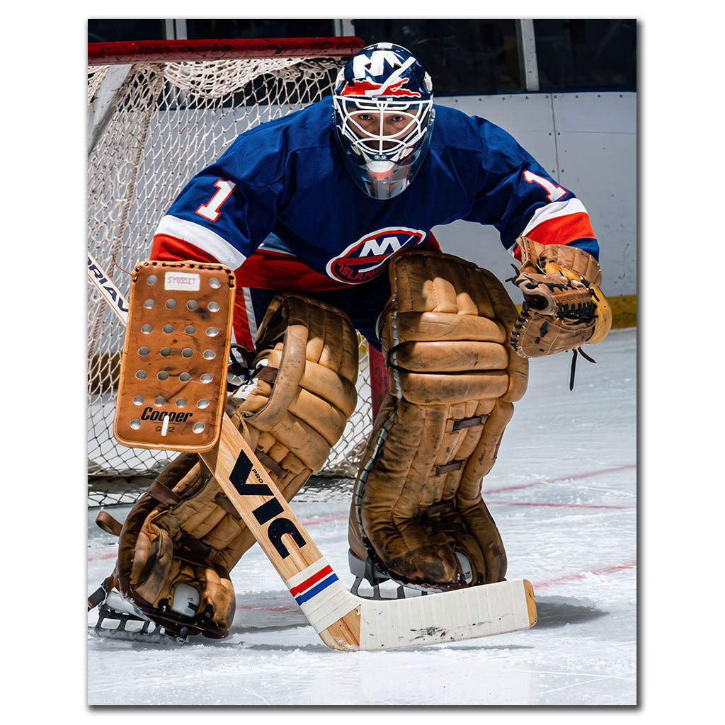Chico Resch New York Islanders 8x10 hockey photo wearing a blue goalie uniform and mask while crouched in front of the net for autograph pre-order