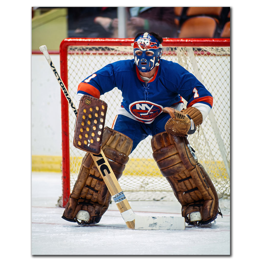 Chico Resch New York Islanders 8x10 hockey photo wearing a blue goalie mask and blue uniform in front of the net for autograph pre-order
