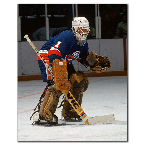 Chico Resch New York Islanders 8x10 hockey photo wearing a blue uniform and white goalie mask while moving across the crease for autograph pre-order