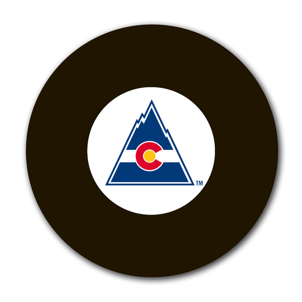 Black hockey puck featuring the Colorado Rockies mountain logo for an upcoming Chico Resch autograph signing pre-order