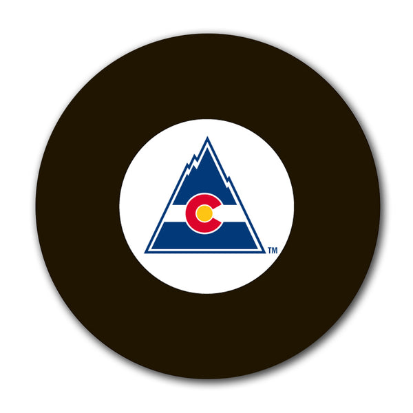 Black hockey puck featuring the Colorado Rockies mountain logo for an upcoming Chico Resch autograph signing pre-order