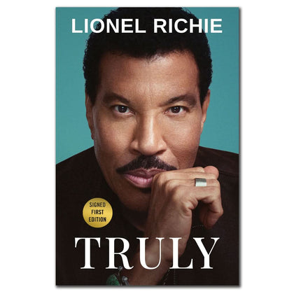Signed first edition hardcover of Lionel Richie TRULY, featuring Lionel Richies portrait and an official signed sticker on the cover.