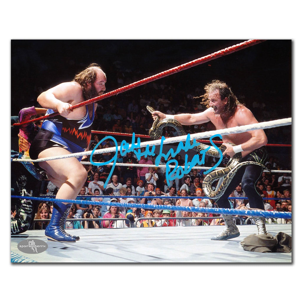 Signed 8x10 WWE photo of Jake The Snake Roberts vs EARTHQUAKE, featuring bold autographs and Certificate of Authenticity.