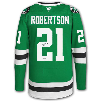 Jason Robertson Dallas Stars Fanatics Premium Jersey, featuring a clear autograph on the back—ideal signed NHL memorabilia.