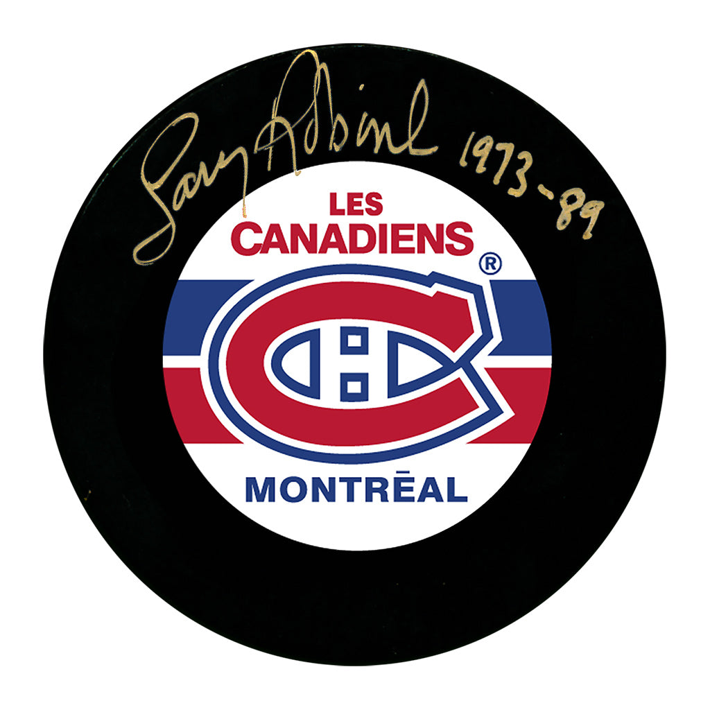 Larry Robinson autographed Montreal Canadiens hockey puck with 1973-89 inscription