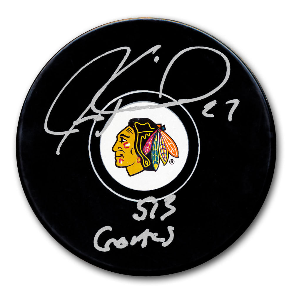 Rondelle autographiée de 513 buts des Blackhawks de Chicago par Jeremy Roenick
