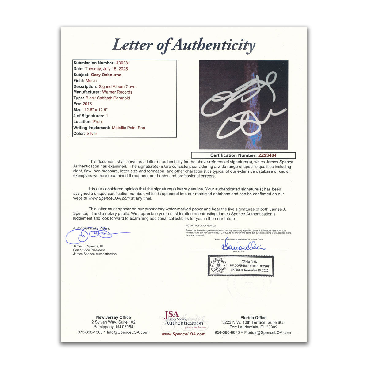 JSA Letter of Authenticity for Ozzy Osbourne signed Black Sabbath Paranoid vinyl record certification number ZZ23464