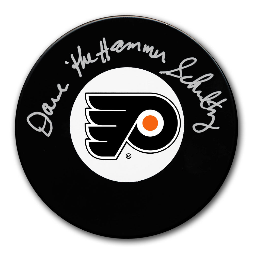 Dave Schultz autographed Philadelphia Flyers hockey puck with The Hammer inscription