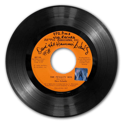 Dave Schultz autographed 7” 45 RPM vinyl of THE PENALTY BOX, rare signed Philadelphia Flyers collectible record.