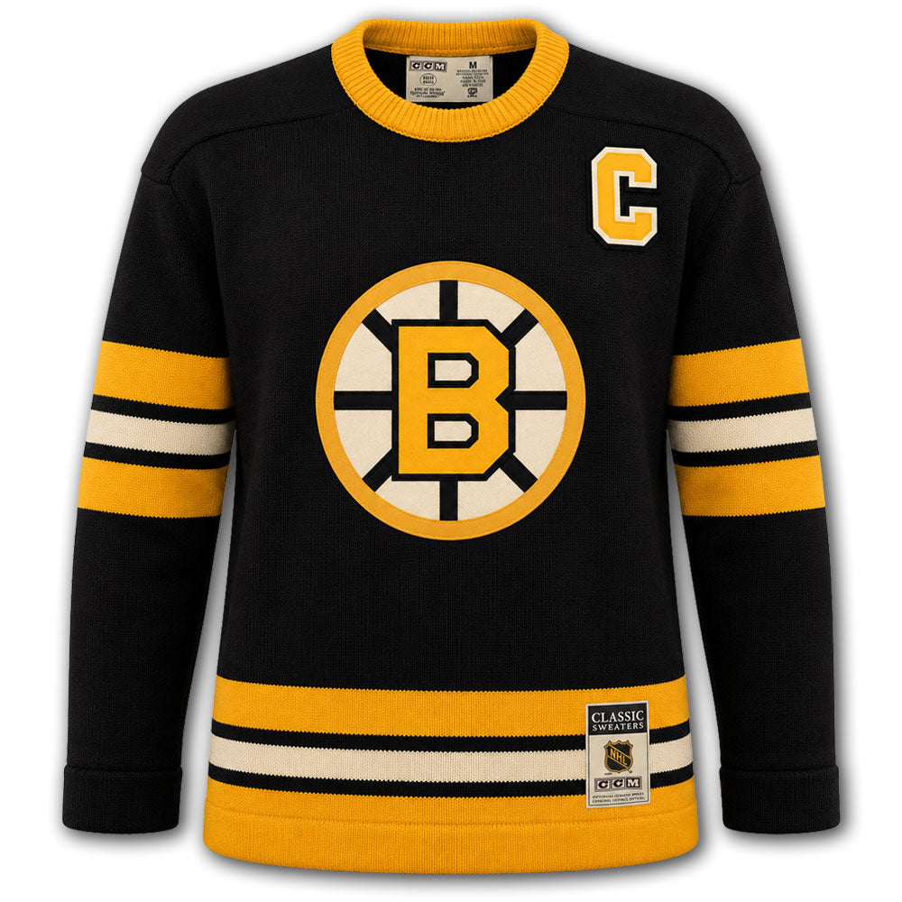 Milt Schmidt autographed Boston Bruins CCM wool jersey front with black vintage styling, captain C, and Bruins crest
